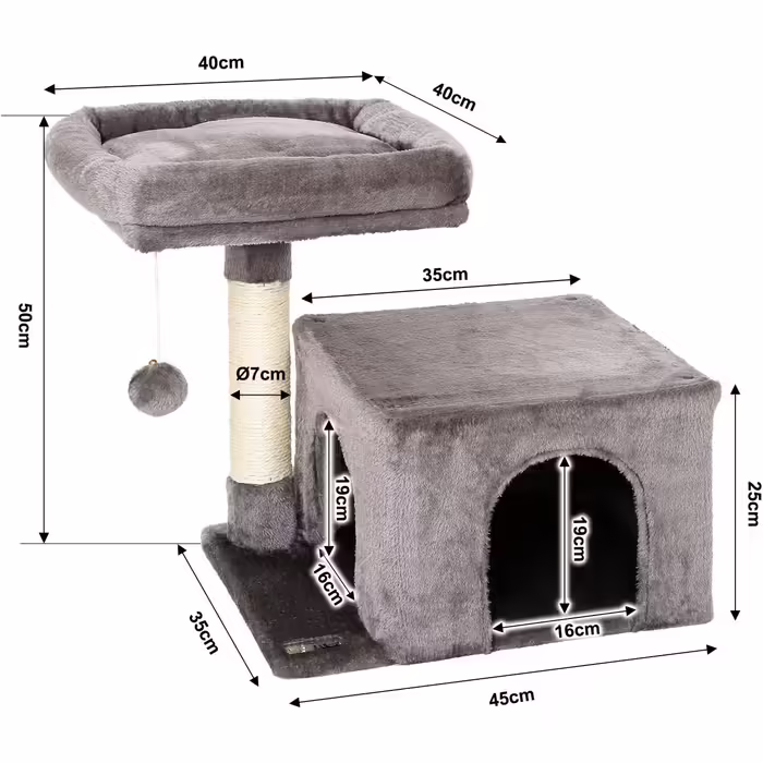 Lionto Scratching Post for Cats with Cozy Lying Area & Cave, Height 50 cm, Cat Tree with Plush Ball incl. Bell, Sisal Rope & Soft Plush, Suitable for Small & Large Cats, (Dark Grey)
