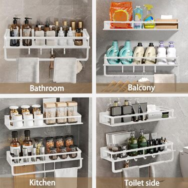 Поличка для душу Devesanter без свердління, 2 шт. з тримачем для рушників та 6 гачками. Органайзер для ванної кімнати, спальні, кухні (40 см, білий)