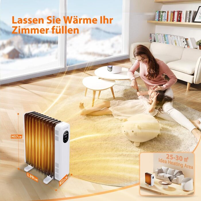 Електричний масляний радіатор Aigostar 2500W з пультом, 13 ребер, термостат, 3 режими, ECO, таймер, LED, захист від перекидання та перегріву, Cozy X2