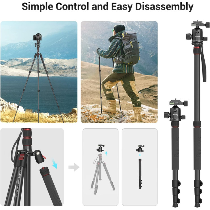 SMALLRIG 71' Штатив для камери, розкладний, з кульковою головкою 360°, швидкознімною платформою та кріпленням для смартфона, вантажопідйомність 15 кг, 180 см - 3935
