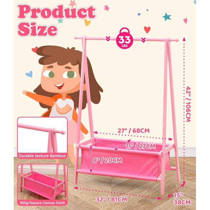 Relquorax Bamboo Children's Clothes Rack with Storage Bag and Clothes Rail, Dress-up Stand, Small Wardrobe Rack, for Costumes in Children's Rooms (Pink)