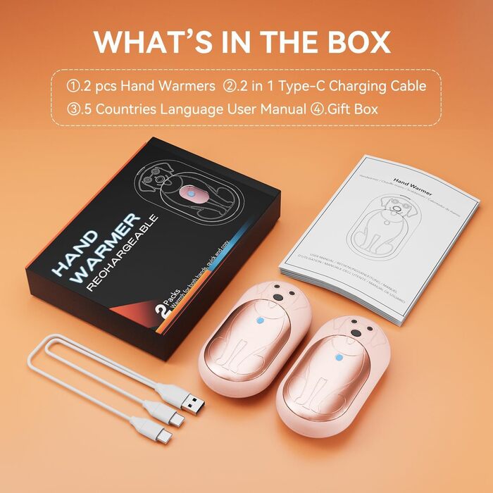 Електричні грілки для рук 6000mAh, 2 шт. – багаторазові, з USB-C, 3 режими нагріву, подарунок для жінок, чоловіків, дітей, катання на лижах, піших прогулянок (рожевий)