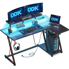 LED Gaming Desk with Power Outlets - L-Shaped PC Gaming Table with Monitor Stand & Storage - Carbon Fiber Black (120cm)