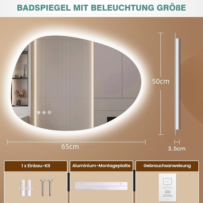 Дзеркало з підсвічуванням, асиметричне LED, 75x55 см, з сенсорним вимикачем – антизапар, 3 кольори світла, регулювання яскравості, пам'ять, чорний (горизонтальне/вертикальне)
