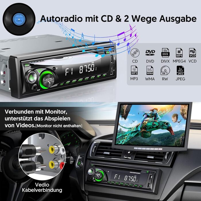 1DIN автомобільна магнітола 9-24V з CD/DVD, Bluetooth, RDS, FM/AM, MP3, 2 USB, SD, AUX, керування з керма, 7 кольорів, зелена