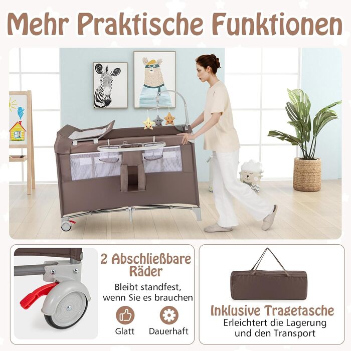 DREAMADE 4-in-1 Travel Bed with Mattress, 120 x 60cm Crib/Bouncer with Wheels, Folding Baby Bed as Changing Table & Playard, Baby Travel Bed from Birth (Gray)
