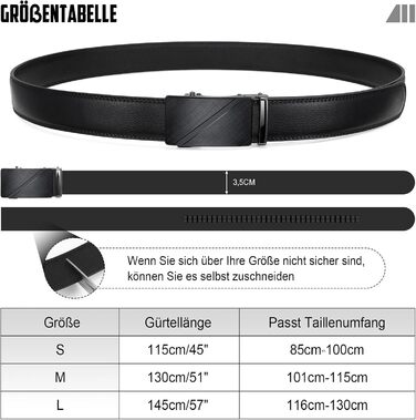 Чоловічий шкіряний ремінь JasGood з автоматичною застібкою та регулюванням, 35 мм, чорний, 115 см (підходить для талії 85-100 см)