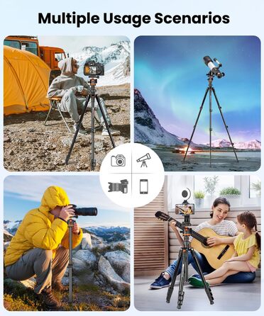 Штатив для камери JOILCAN з алюмінію, 168 см, міцний туристичний штатив з поворотним голковим кріпленням 360° та тримачем для телефону, вантажопідйомність 8 кг, для DSLR Canon Nikon Sony, штатив для iPhone/Smartphone