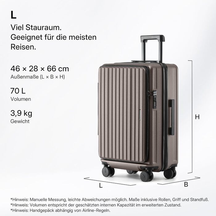 Валіза розширювана, жорсткий корпус, верхня панель відкривається, компресійний ремінь, додатковий простір | Міцний, еластичний, стійкий до подряпин, легкий (L-65см, Кофе)