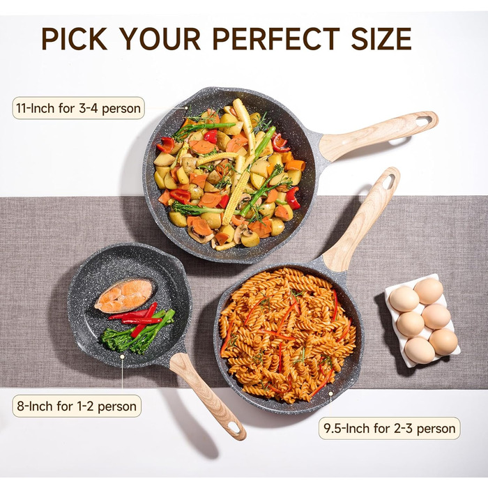 Набір сковорідок JEETEE 6 шт. з кришкою, антипригарне покриття, для всіх плит, індукційні, з кованого алюмінію, PFOA-free (Black, 20/24/28 см)