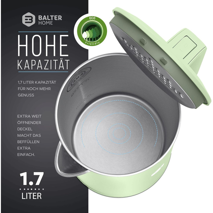 Balter Stainless Steel Kettle WK-4, 1.7 Liter, Electric Kettle, Double-Walled Design, BPA Free, LED, Compact Tea Kettle, Quiet (Black) (Mint)