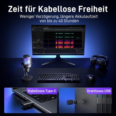 Мікрофон MAONO DM40 бездротовий для ПК з RGB підсвіткою та ШІ-зміною голосу, 3-рівнева шумоподавлення, для геймінгу, подкастингу та стрімінгу (чорний)