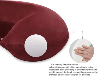 Подушка для шиї з Memory Foam, зручна для подорожей, U-подібна форма, підтримка шиї та голови, зменшує втому, портативна, для літаків, поїздів, авто (темно-червоний)