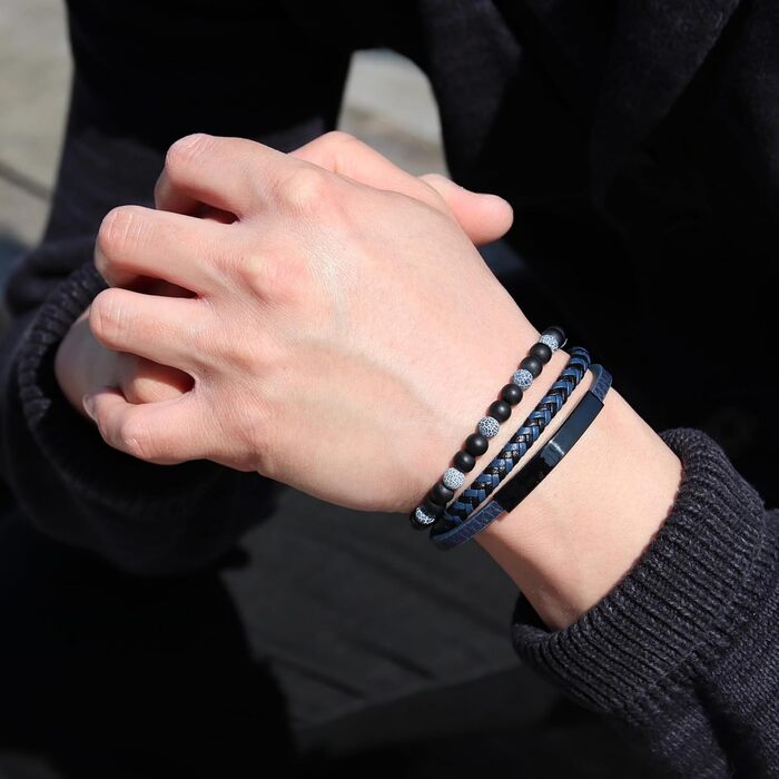 Браслет чоловічий шкіряний з тигровим оком та лавовим каменем, ручної роботи, з гравіюванням, регульований магнітний замок (синій)