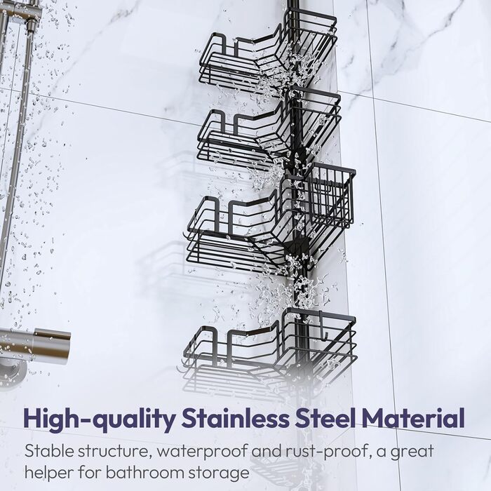 Регульована поличка для душу SWTYMIKI з нержавіючої сталі, 4 яруси, з мильницею, тримачем для зубних щіток та 4 гачками, 70-275 см, чорний (без свердління)
