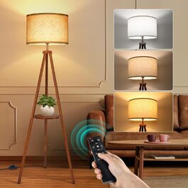 LED торшер Outon з регулюванням яскравості, тринога, дерево, з полицею, пульт, 4 колірні температури, таймер 1 год, бежевий абажур для вітальні, спальні, офісу (коричневий)