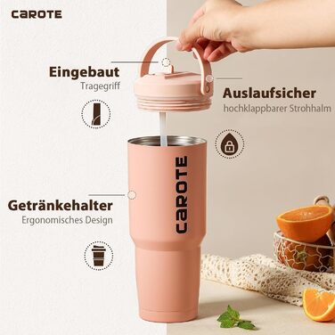 CAROTE Stainless Steel Water Bottle with Straw 960ml, Vacuum Thermos Flask with Flexible Lid, Leak-Proof, BPA-Free, Double-Walled Insulated Bottle for Hot and Cold Drinks (Pink)