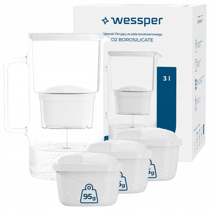 Скляний фільтр-віддінник Wessper D2 з боросилікатного скла, 3 л, білий + 4 фільтри
