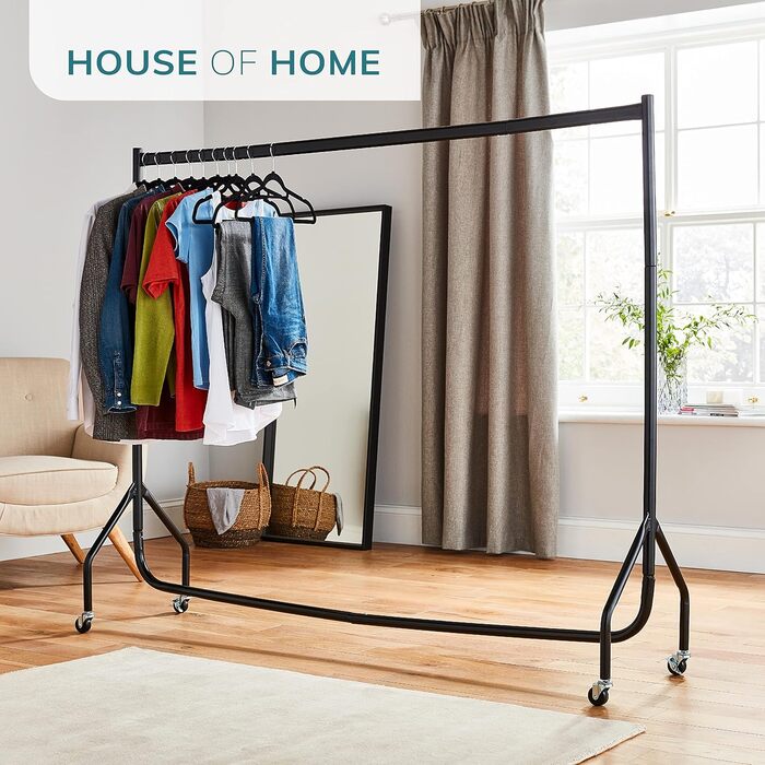 House of Home Robust Metal Clothes Rail with Wheels – 1-Tier Replacement for a Wardrobe with a Single Rail – Clothes Rack for Hanging – Storage