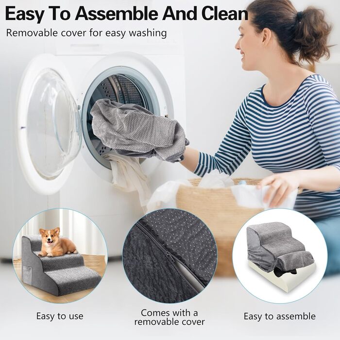 Сходинка для собак та котів 3 ступені, 40 см, протиковзка, для літніх тварин, з щільного піноматеріалу, знімна та миється, портативна рамка для собак, котів, софи, ліжка, авто