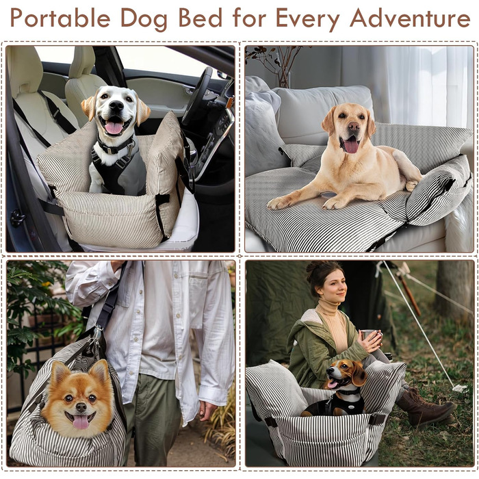 Автокрісло для собак маленьких та середніх порід до 18 кг, з ременями безпеки та кишенями для зберігання, антиковзаюча підкладка (морські смуги) (Коричневе, 76.2x52 см)
