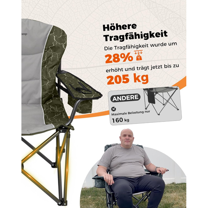 Крісло для кемпінгу KingCamp XXL, 205 кг, розкладне, з підлокітниками та регульованою спинкою, з кишенею для напоїв та сумкою-холодильником, зелене, сучасний дизайн (2 шт)