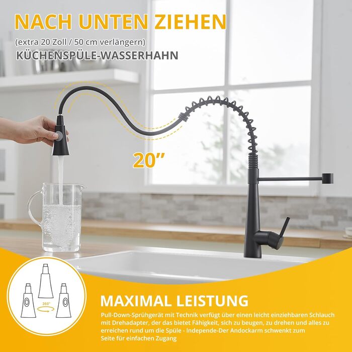 Кухонний змішувач TIMACO з поворотним гусаком 360° та висувною лійкою, чорний, з щіткою з нікелю