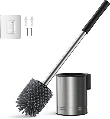 Набір для туалету Hamitor: щітка для унітазу з силікону та нержавіючої сталі, настінний монтаж без свердління, швидковисихаючий тримач, сріблястий