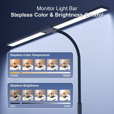 LED лампа настільна з регулюванням яскравості - 1500LM 24W, кріплення-прищіпка, з пультом, гнушкий 80см шнур, USB-порт, для офісу та дому (Чорний)