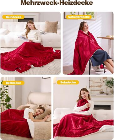 Електрична ковдра Yokimisu з автовимкненням 180x130 см, плюшева, з 6 рівнями нагріву, таймером, захистом від перегріву, пральна, для дому та офісу (червона)