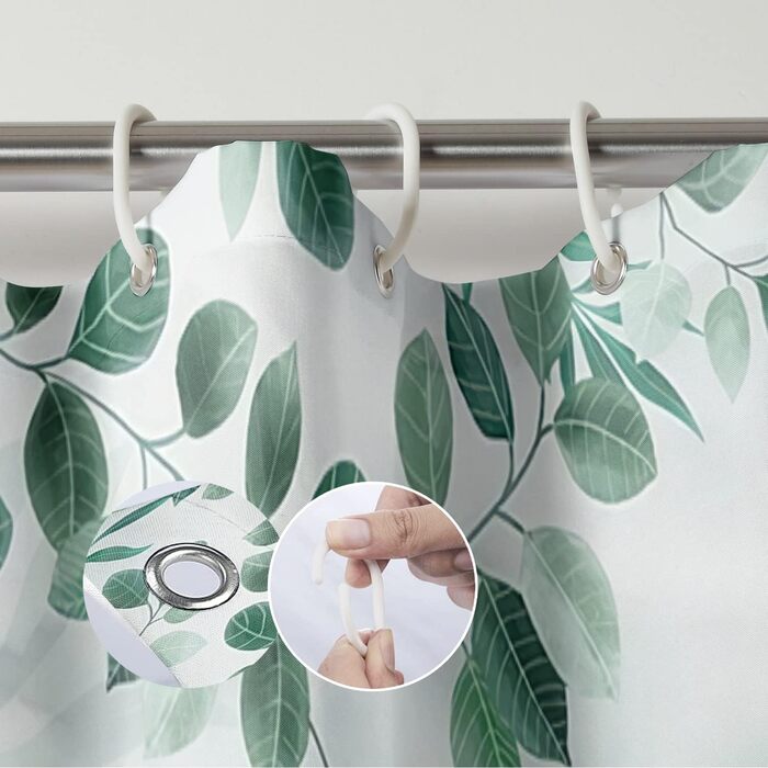 Штора для душу M&W DAS DESIGN з поліестеру, листя зелені та золота, водовідштовхувальна, антигрибкова, з кільцями 180x200 см