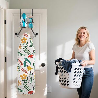 Настінна підставка для прасувальної дошки з кріпленням над дверима, чорна, з великим кошиком та знімними гачками