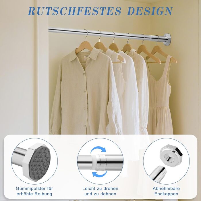 Регульована телескопічна штанга DEWEL 70-120 см (без свердління) для штор та душової кабіни, срібна