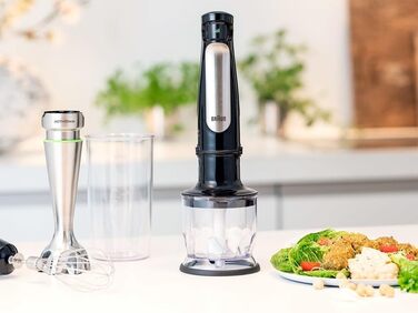 Блендер Braun MultiQuick 7 MQ 7025X, 3-в-1, 1000 Вт, подрібнювач 350 мл, вінчик, плавне регулювання швидкості, чорний, модель 2019, 3 насадки