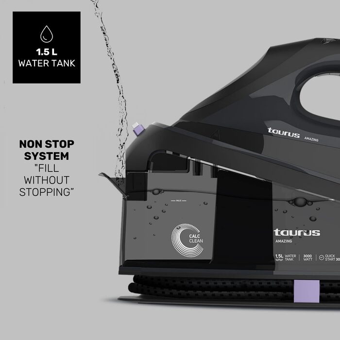 Праска Taurus Amazing SSD3000: потужність 3000W, 7 бар, керамічна підошва, 1.5л резервуар, електронний паровий удар 400г/хв
