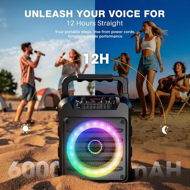 Портативна караоке-колонка Dislocati з 2 мікрофонами, 20W, LED-підсвітка, Bluetooth 5.3, AUX/USB, до 12 годин роботи - ідеальний подарунок для дітей та дорослих, чорний колір
