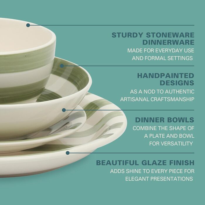 Сервіз Gibson Home Kenwood Shores, зелений в смужку, 16 предметів, ручна робота, для 4 осіб, посудомийна машина, мікрохвильова піч