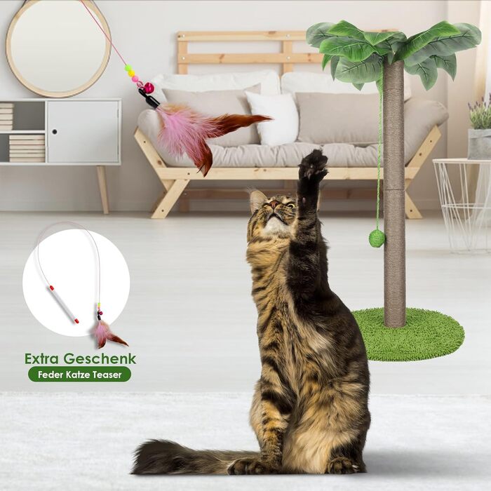 Zvonema Kratzbaum-Kratzstamm with 80 cm Scratching Post for Small and Large Cats, Sisal Rope Cat Scratching Tree with 1 Interactive Ball, Scratching Post Cat Furniture, for Indoor Activity, Play (Scratching Post with 85 cm, Green)