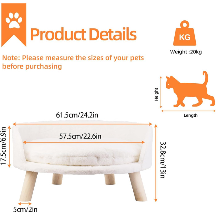 Luxury Cat Sofa, Large Cat Sofa, Cat Chair, Cat Stool, Elevated Cat Bed with Cat Cushions, Pet Sofa, Dog Sofa for Small Dogs, 40cm beige (L 62 x W 62 x H 33 cm)
