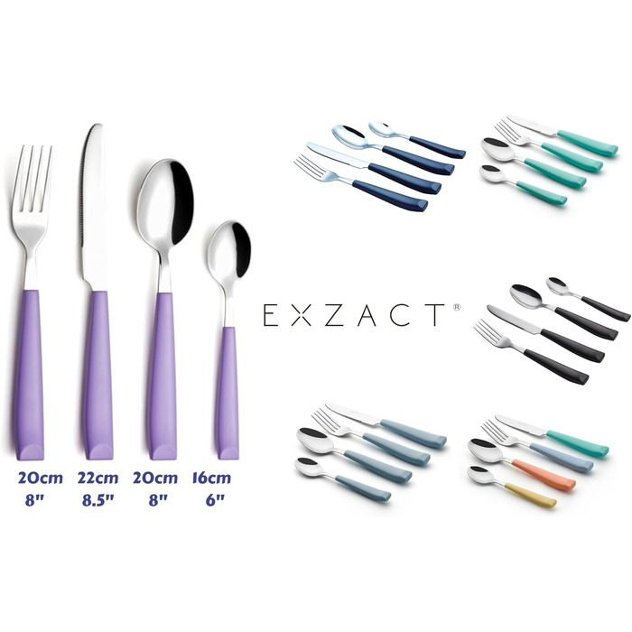 EXZACT 24-Piece Cutlery Set - Stainless Steel with Vividly Colored Plastic Handles - Comfortable to Hold - 6 x Forks, 6 x Knives, 6 x Dinner Spoons, 6 x Teaspoons (Mixed Color x 24)