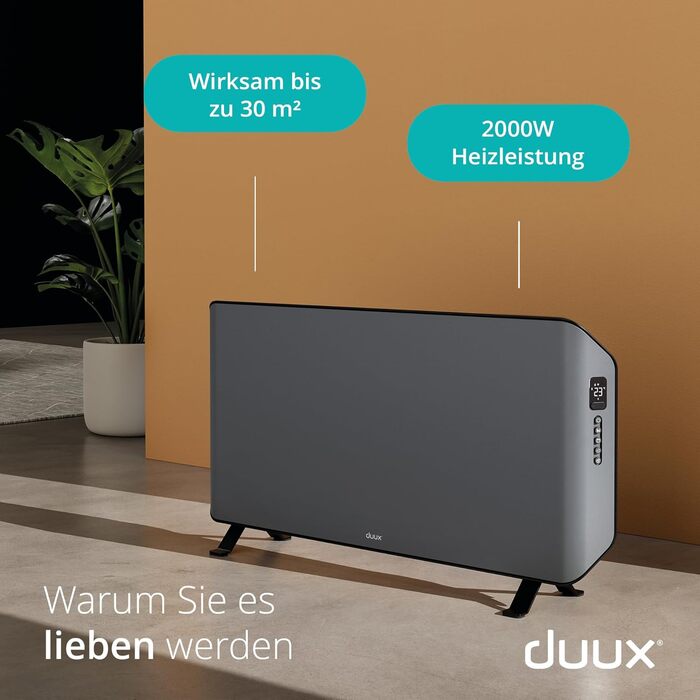 Duux Edge Smart: електроконвектор з термостатом, 2000W, сірий - енергозберігаючий нагрівач для ванної кімнати та кімнат до 20 м²