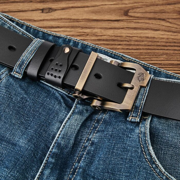 Чоловічий шкіряний ремінь BISON DENIM: стильний аксесуар для джинсів та ділового образу. Ширина 38 мм, колір чорний, з подарунковою коробкою (W71694-1bm-schwarz 110)