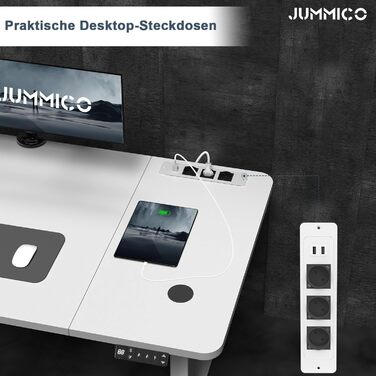 Електричний регульований стіл JUMMICO з бездроговою зарядкою та євро-розеткою USB, 160x80 см, білий