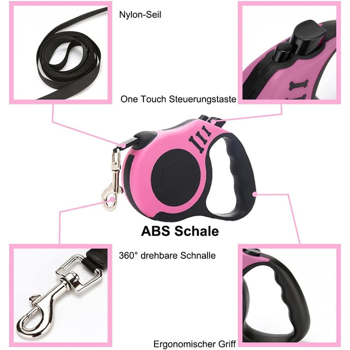 Висувна поводок для собак, 3 метри, рожевий. Підходить для собак маленьких, середніх та великих порід