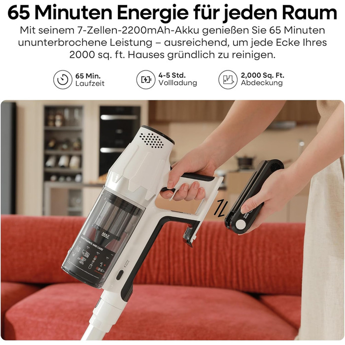 Акумуляторний пилосос ElecKeys 48000Pa/580W з LED-дисплеєм, антизаплутана щітка, 65 хвилин роботи, 7-шарова фільтрація, для твердих поверхонь, килимів та шерсті тварин, білий