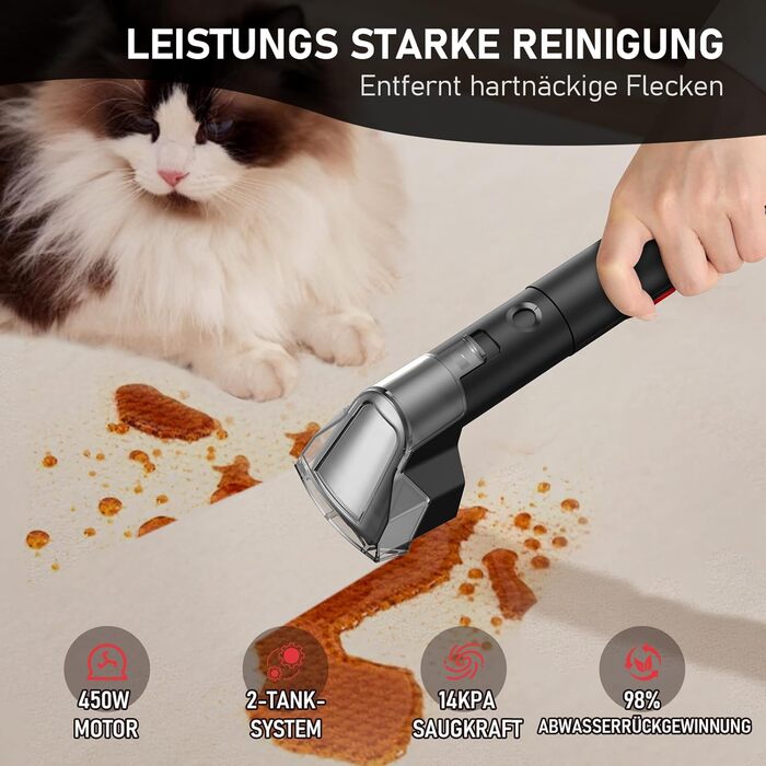 Портативний мийний пилосос для м'яких меблів та килимів з насадкою для видалення шерсті тварин, чорний