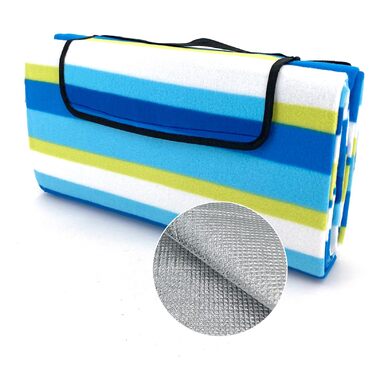 Плед для пікніка Heimtexland XL водонепроникний 200x200 см, синій в смужку. Килимок для пляжу, кемпінгу, фестивалів. З ручкою, складаний, пральний.