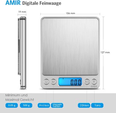 Електронні ваги AMIR 500г з точністю 0.01г: цифрові, для зважування, з функцією Tara, LCD-дисплей, конвертація одиниць, автоматичне вимкнення, сріблясті