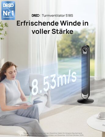 Дрео розумний вентилятор з мотором DC 20dB, 11 м дальность, з пультом керування, 9 режимів, 4 моди, 90° осциляція, голосове керування, таймер 12H, Wi-Fi, для спальні