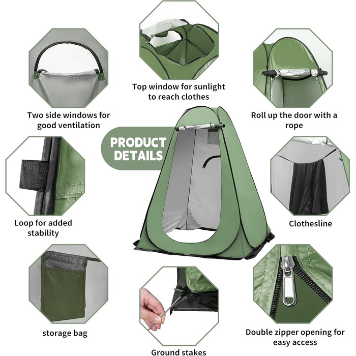 Pop-Up Shower Tent - Portable Changing Room for Beach, Camping, Hiking & Outdoor Activities (150x150x190cm, Green)